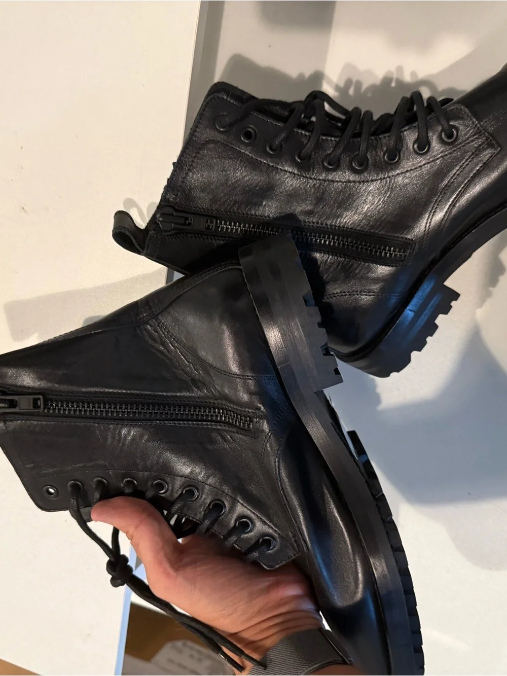 The Kooples FR 42 Black Leather Lace-Up Zip Combat Boots